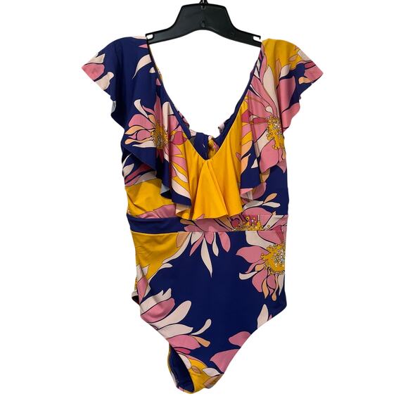Trina Turk Floral Ruffle One Piece Swimsuit Navy Wire Free Size 14 Resort Vacay - Picture 2 of 9